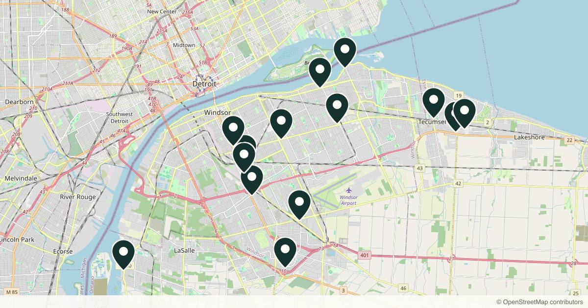 Map of 14 med spas and aesthetic clinics in Windsor, Ontario