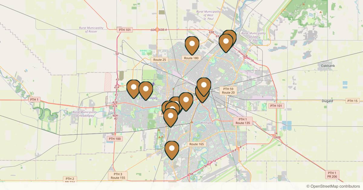 Map of 15 med spas and aesthetic clinics in Winnipeg, Manitoba