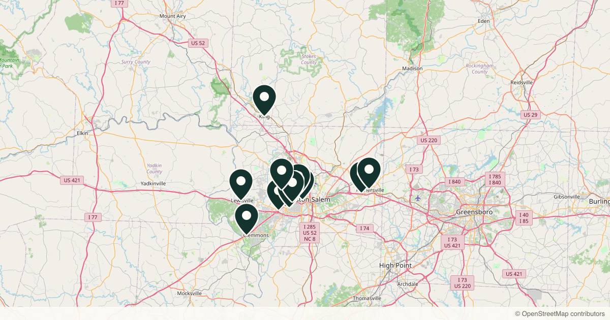 Map of 14 med spas and aesthetic clinics in Winston-Salem, North Carolina