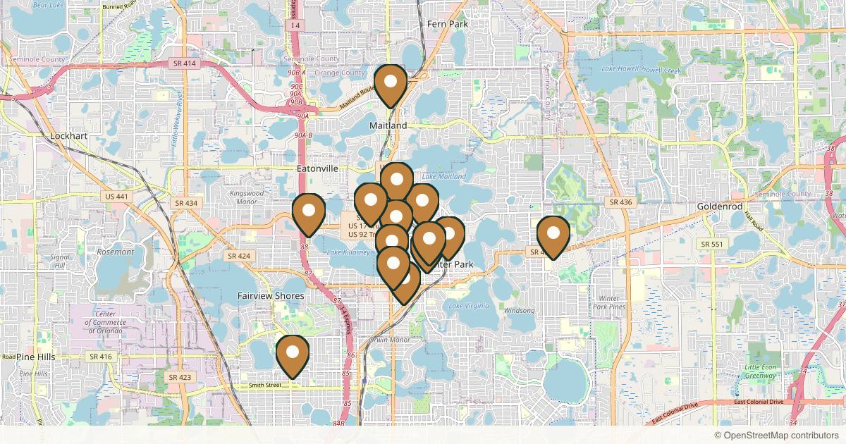 Map of 14 med spas and aesthetic clinics in Winter Park, Florida