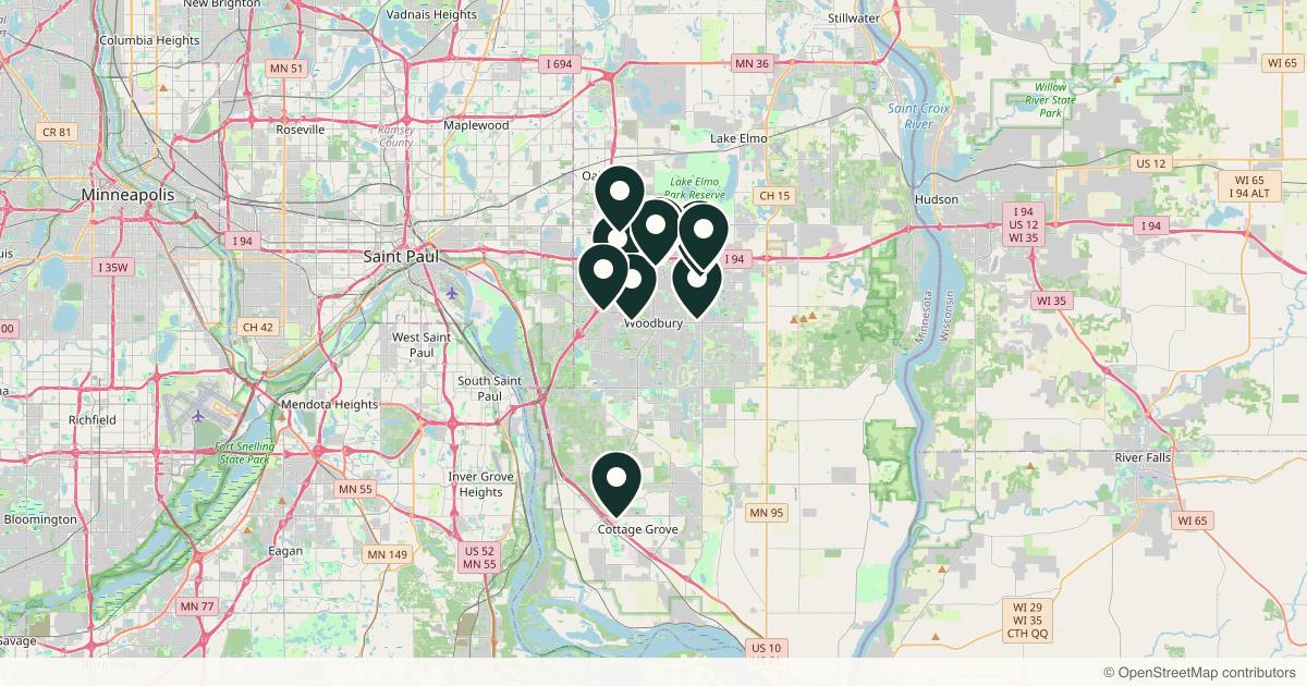 Map of 11 med spas and aesthetic clinics in Woodbury, Minnesota