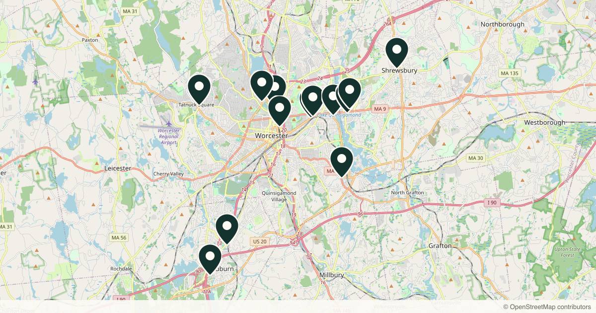Map of 14 med spas and aesthetic clinics in Worcester, Massachusetts