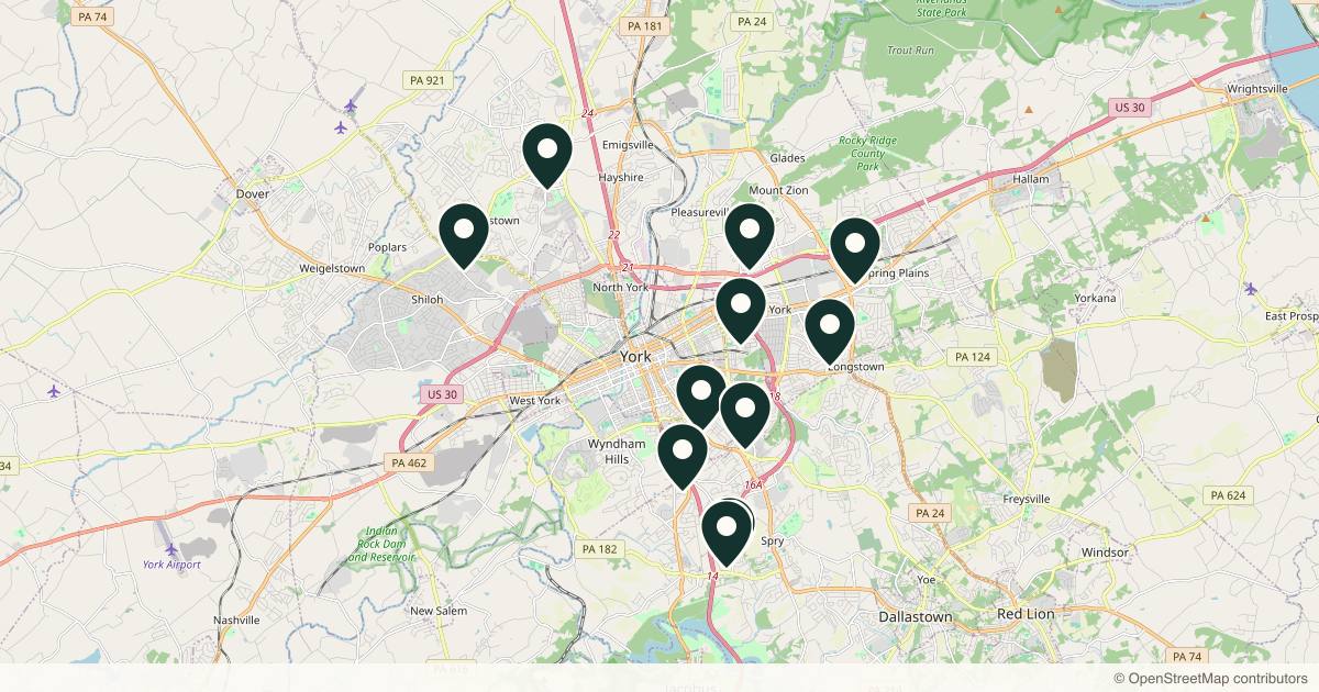 Map of 12 med spas and aesthetic clinics in York, Pennsylvania