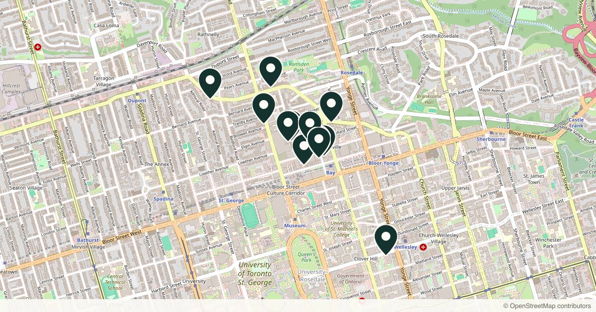Map of 11 med spas and aesthetic clinics in Yorkville, Ontario