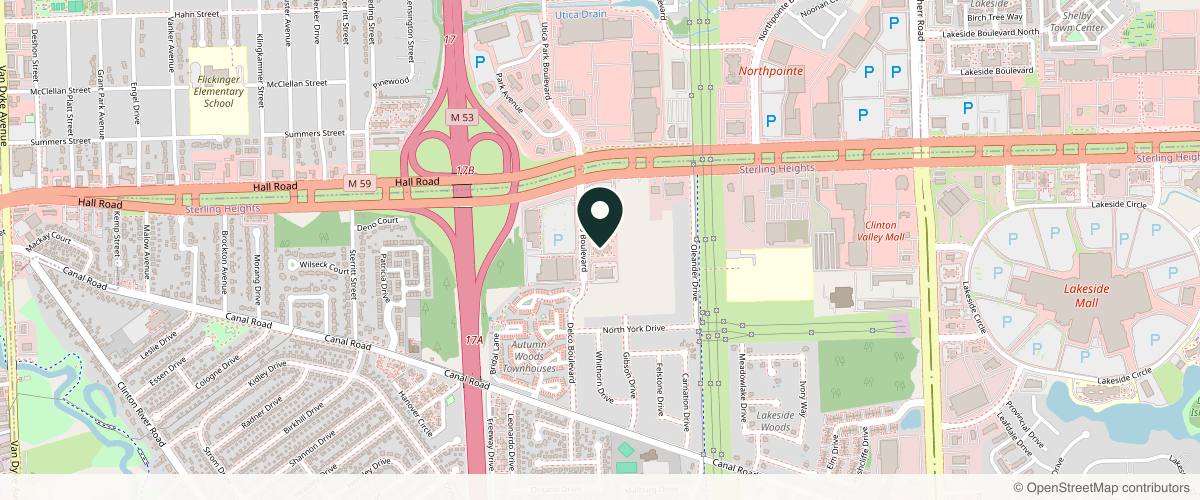 Map showing the exact location of Accents Cosmetic Surgery and Medical Spa at 44650 Delco Blvd #100, Sterling Heights, MI 48313, USA