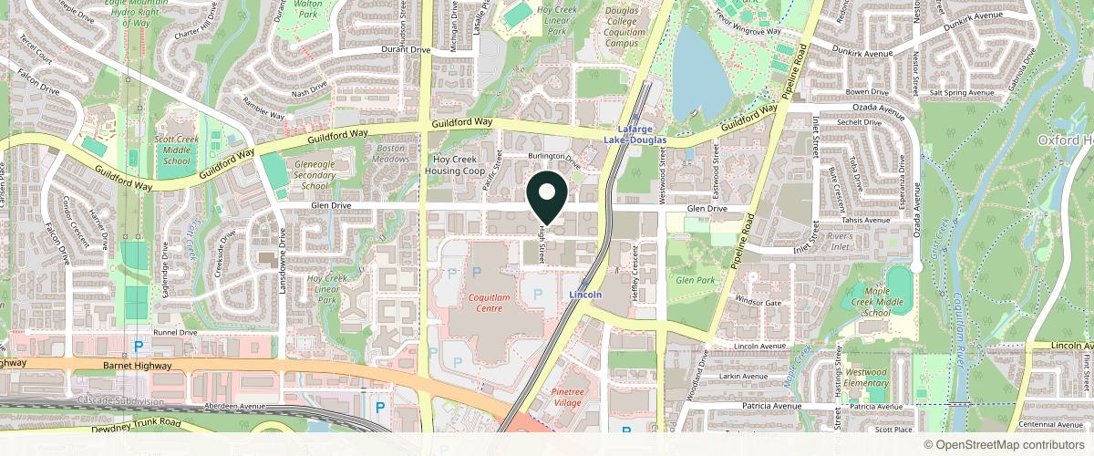 Map showing the exact location of Aceso Health Clinic - High Street at 1155 The High St #102, Coquitlam, BC V3B 7W4, Canada