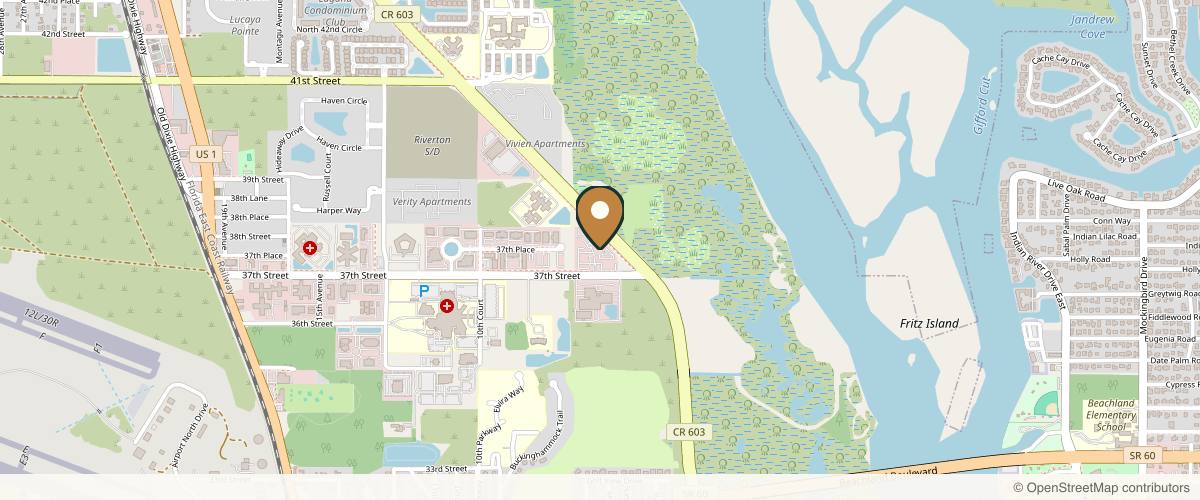 Map showing the exact location of Advanced Dermatology and Cosmetic Surgery at 3755 7th Terrace Ste 101, Vero Beach, FL 32960, USA