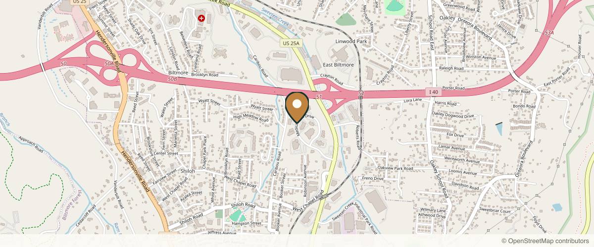 Map showing the exact location of Advanced Dermatology & Skin Surgery at 16 Medical Park Dr, Asheville, NC 28803, USA