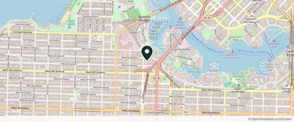 Map showing the exact location of AE.R Skinlab at 1540 W 2nd Ave Unit 207, Vancouver, BC V6J 3B1, Canada
