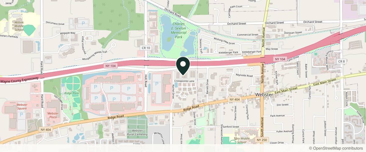 Map showing the exact location of Aesthetic Insights at 1120 Crosspointe Ln Ste 6, Webster, NY 14580, USA