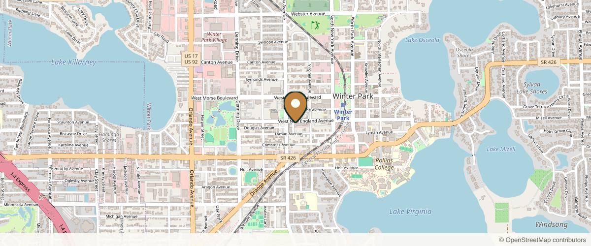 Map showing the exact location of Aesthetic Lane at 470 W New England Ave #100, Winter Park, FL 32789, USA