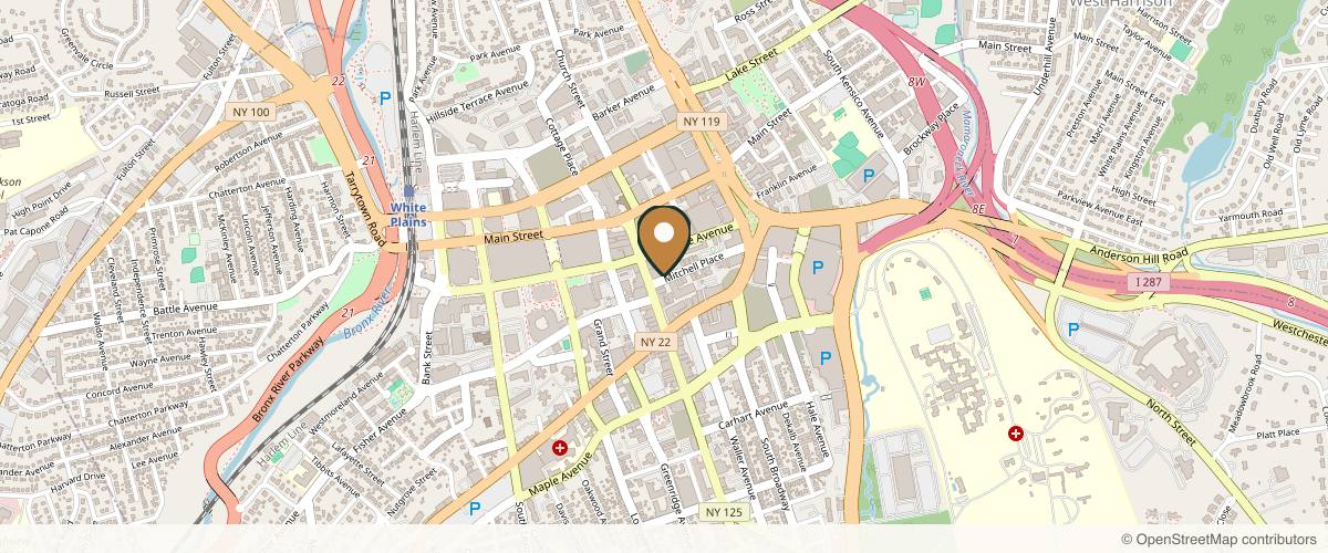 Map showing the exact location of Aesthetic Podiatry & Sports Medicine Center at 10 Mitchell Pl, White Plains, NY 10601, USA