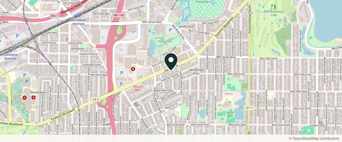 Map showing the exact location of Aesthetica Skin Health & Wellness Clinic, Inc. at 4725 Excelsior Blvd #200, St Louis Park, MN 55416, USA