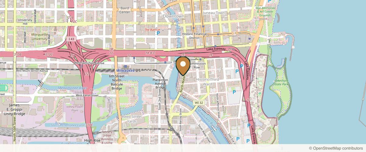 Map showing the exact location of AESTHETICS 360° Face & Body Center at 233 N Water St #200, Milwaukee, WI 53202, USA