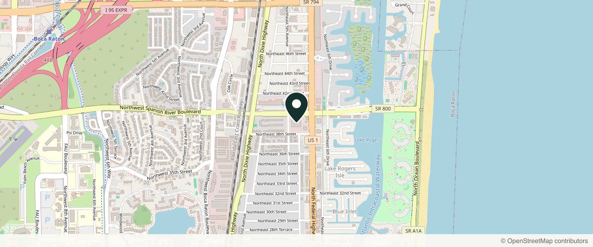 Map showing the exact location of Aesthetics by Yari at 500 NE Spanish River Blvd Ste 28, Studio 121, Boca Raton, FL 33431, USA