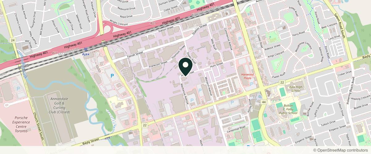 Map showing the exact location of Aesthetics FC at 205 MacKenzie Ave Unit 2, Ajax, ON L1S 2G5, Canada