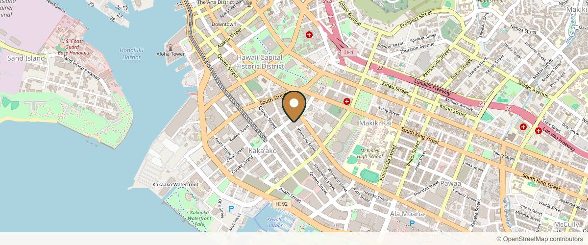 Map showing the exact location of Aesthetics Hawaii: Dr Yew Botox Filler Specialist at 725 Kapiolani Blvd Apt C101, Honolulu, HI 96813, USA