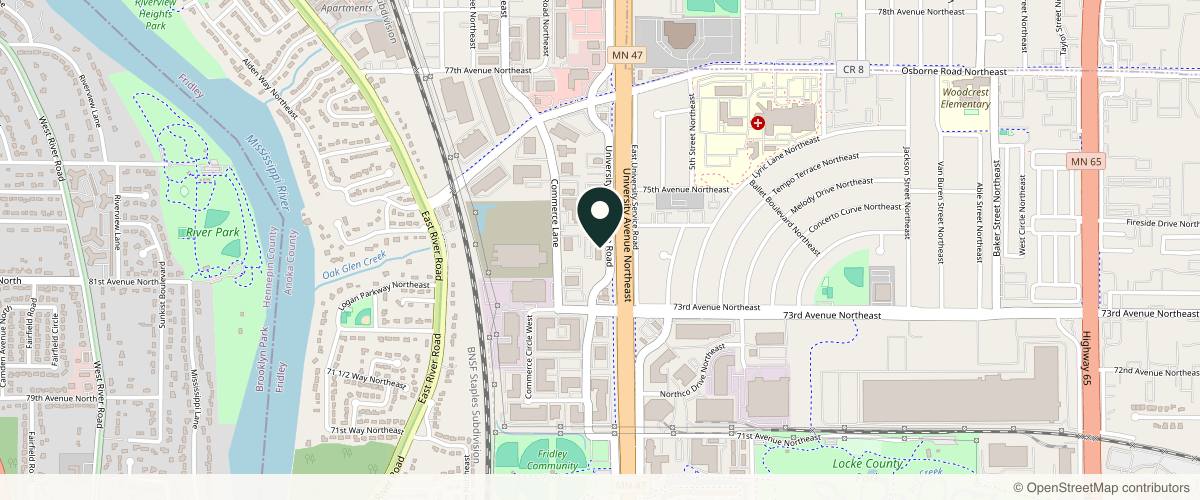 Map showing the exact location of Afzal Clinics at Northeast Minneapolis, 7362 University Ave NE #201, Fridley, MN 55432, USA