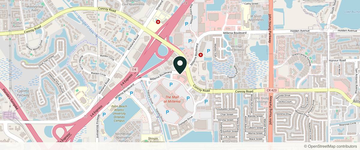 Map showing the exact location of Ageless Aesthetics Orlando at 4104 Millenia Blvd #111, Orlando, FL 32839, USA
