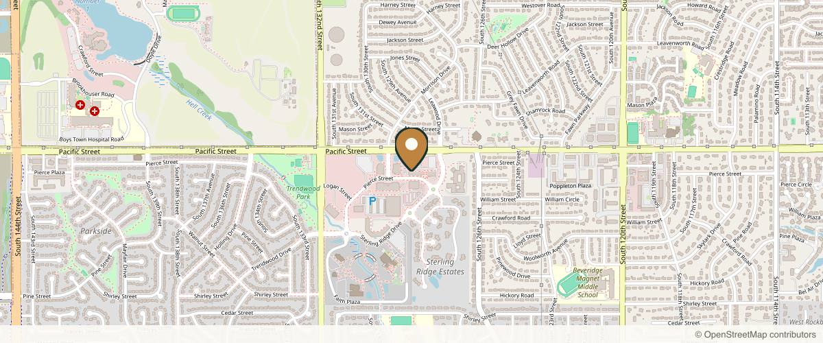 Map showing the exact location of Ageless Skin Co. at 1150 Sterling Ridge Dr #104, Omaha, NE 68144, USA