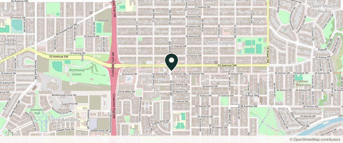 Map showing the exact location of Aisthetikos Wellness & Advanced Medical Aesthetics at 2040 34 Ave SW #201, Calgary, AB T2T 2C3, Canada