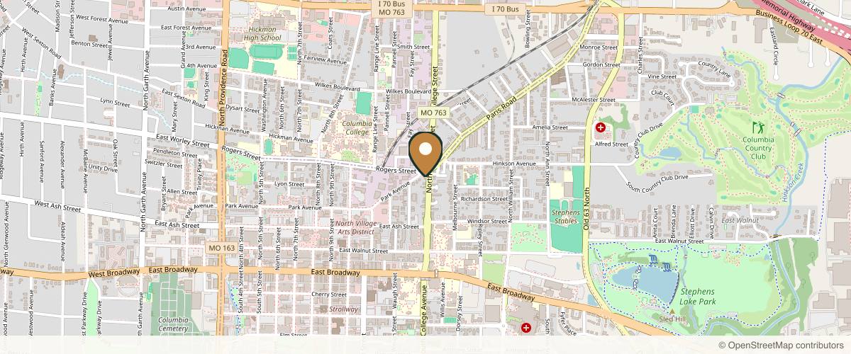 Map showing the exact location of Alana Harper Esthetics at 411 N College Ave #101, Columbia, MO 65201, USA