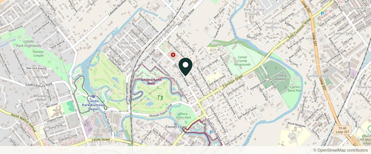 Map showing the exact location of Alchemy Aesthetics Co. at 412 N Union Ave, New Braunfels, TX 78130, USA