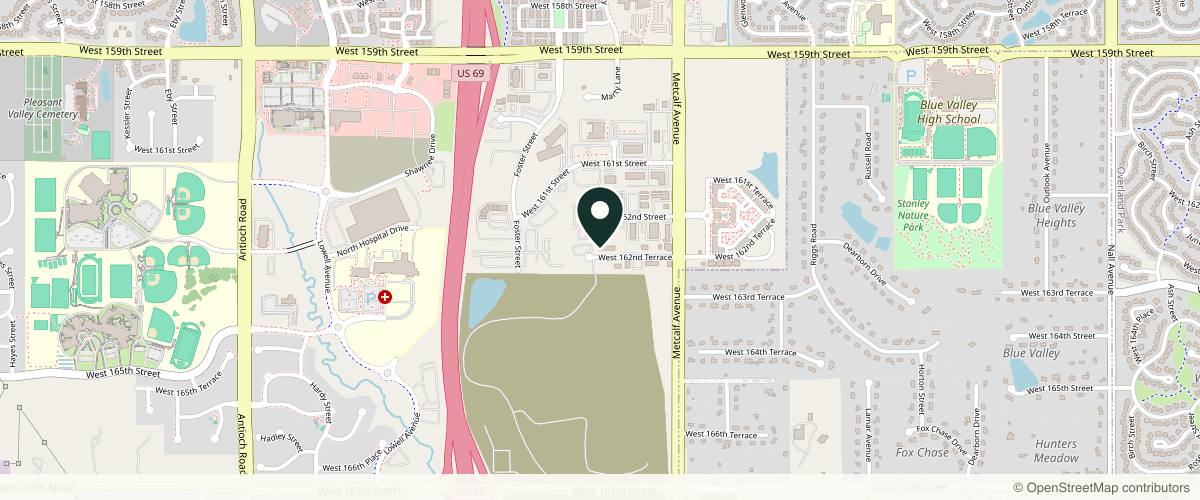 Map showing the exact location of Alchemy Aesthetics + Med Spa at 7398 W 162nd Terrace Suite 2, Overland Park, KS 66085, USA