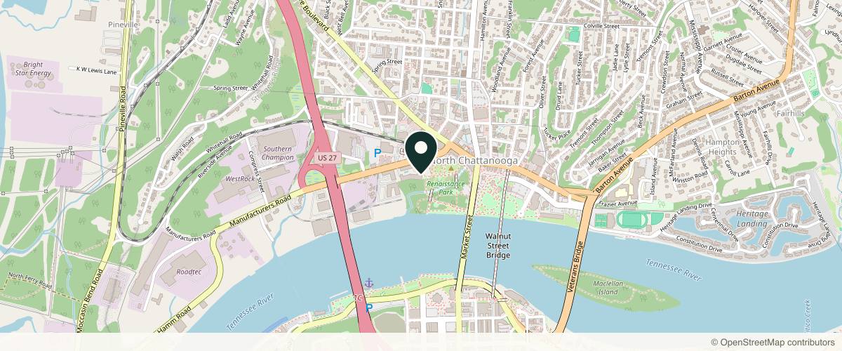 Map showing the exact location of Alchemy MedSpa + Wellness Center at 200 Manufacturers Rd Unit 105, Chattanooga, TN 37405, USA