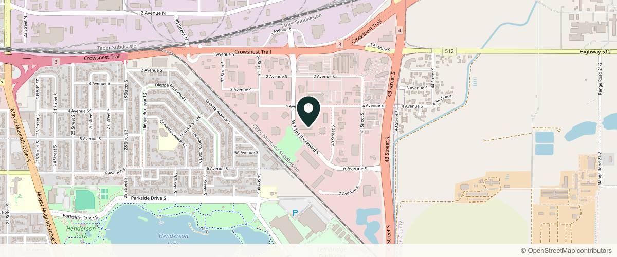 Map showing the exact location of Alis Skin + Laser at 491 Wt Hill Blvd S, Lethbridge, AB T1J 1Y6, Canada