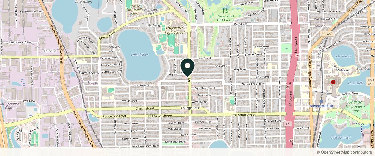 Map showing the exact location of Aloha Aesthetics FL at 2626 Edgewater Dr Ste 12, Orlando, FL 32804, USA
