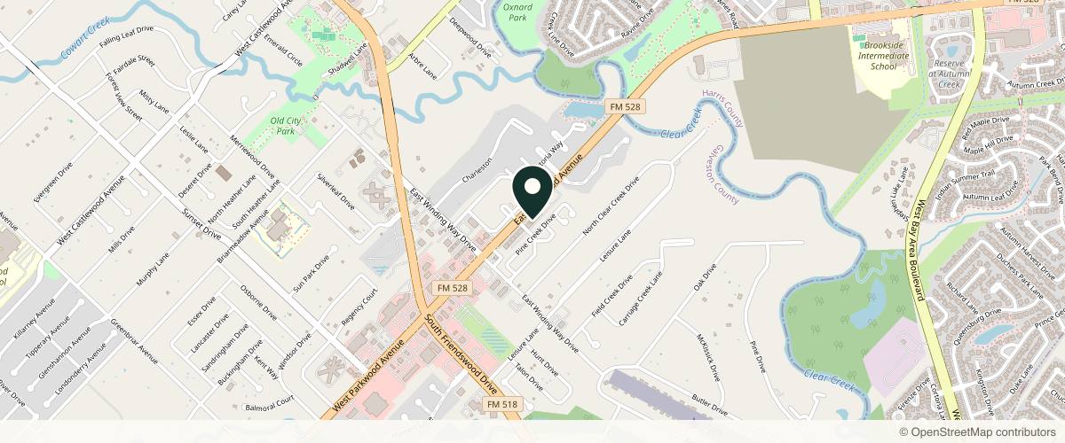 Map showing the exact location of Amici Aesthetics at 355 E Parkwood Dr, Friendswood, TX 77546, USA