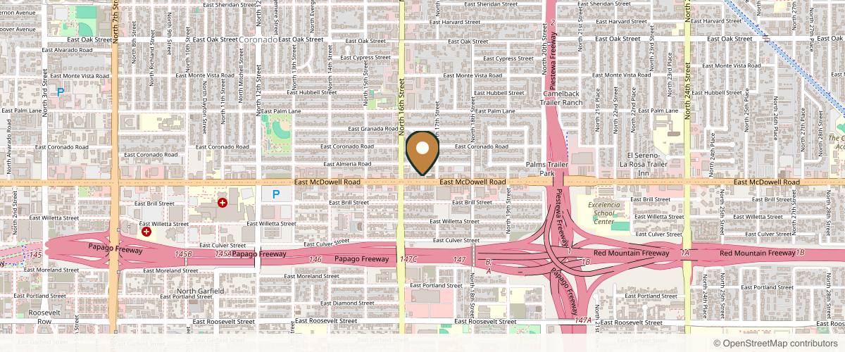 Map showing the exact location of Amori Aesthetics at Located inside of Brow Bar Avenue, 1626 E McDowell Rd, Phoenix, AZ 85006, USA