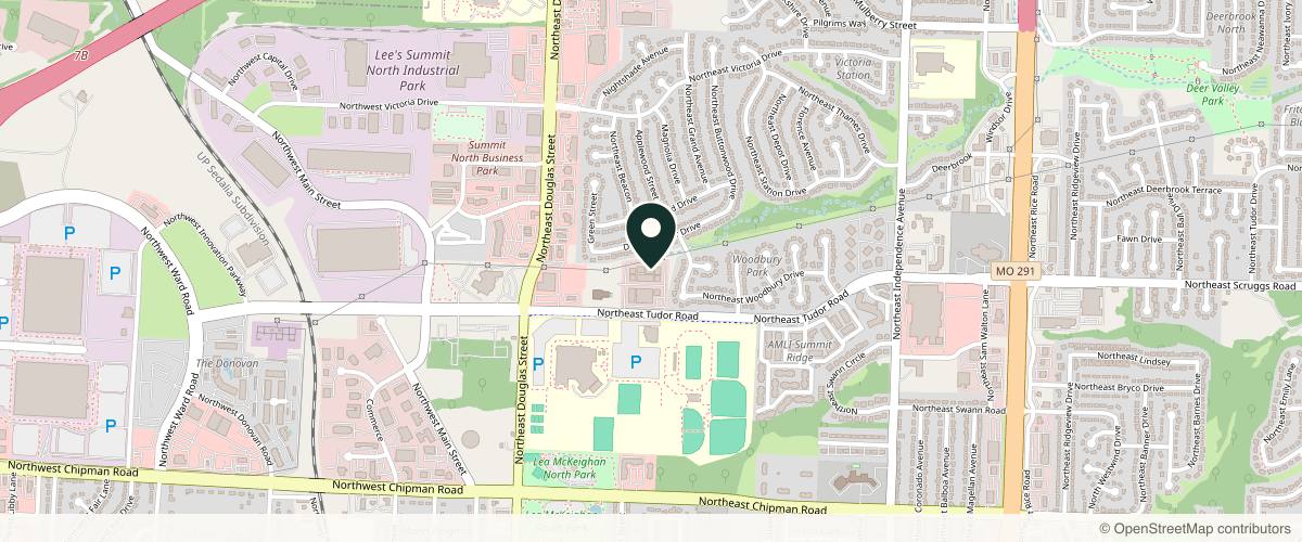 Map showing the exact location of Amy Chow, MD Rejuvenation Practice at 296 NE Tudor Rd, Lee's Summit, MO 64086, USA