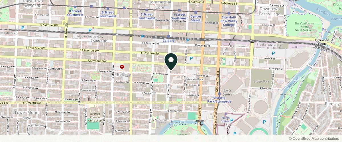 Map showing the exact location of Arlo Medical Injections at 1238 1 St SW, Calgary, AB T2R 0V4, Canada