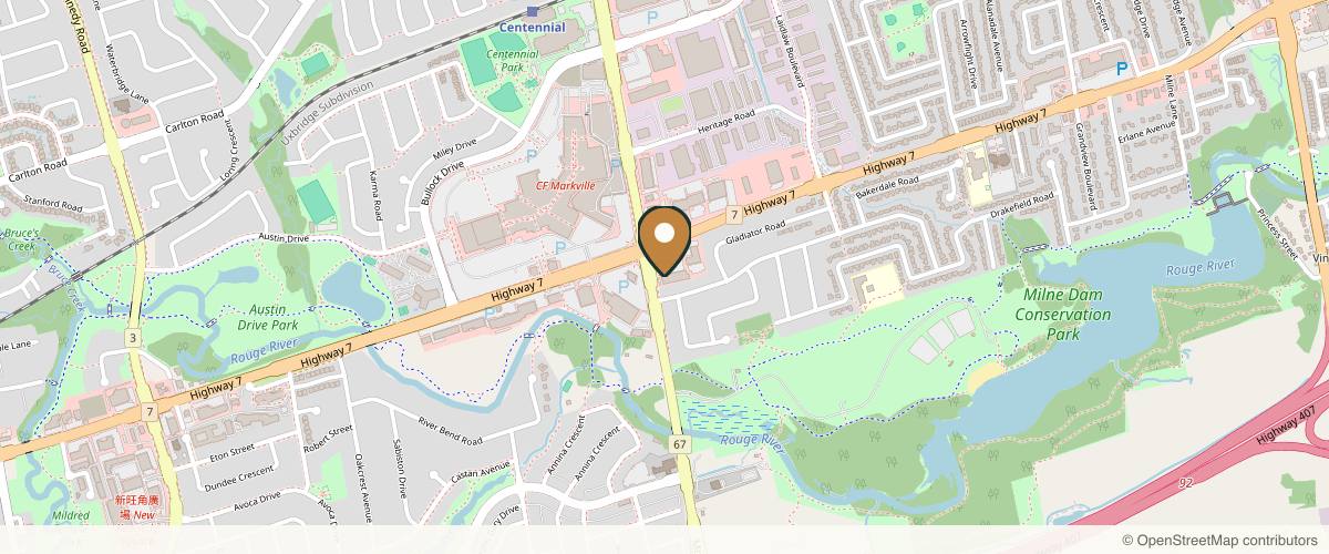 Map showing the exact location of Aroma Day Spa Markham at 5261 Hwy 7 Unit 100, Markham, ON L3P 1B8, Canada