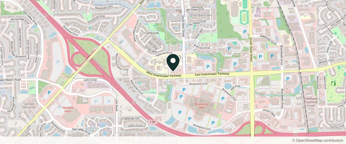Map showing the exact location of Art of Dermatology - Ann Arbor at 250 W Eisenhower Pkwy STE 100, Ann Arbor, MI 48103