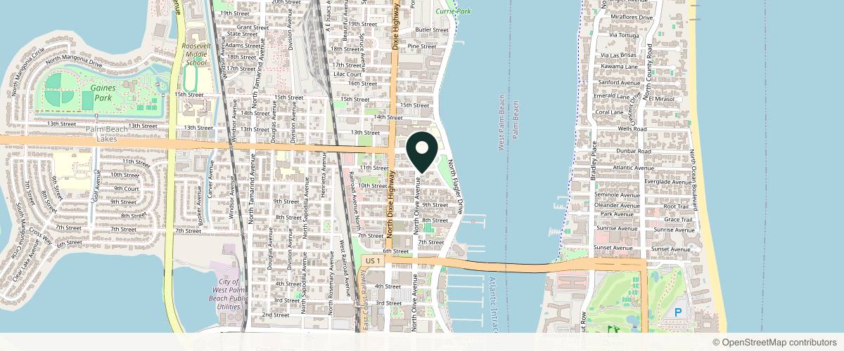 Map showing the exact location of Art of Dermatology - Palm Beach at 1114 N Olive Ave, West Palm Beach, FL 33401