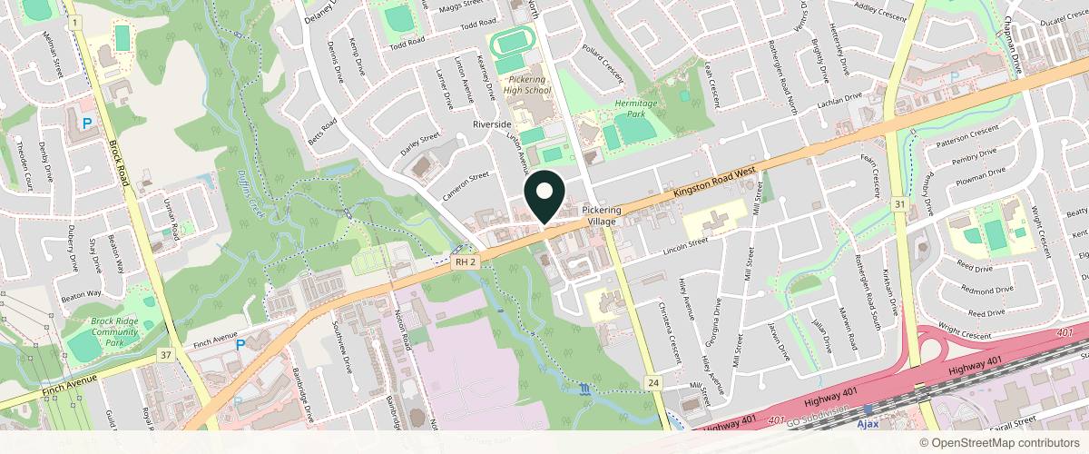 Map showing the exact location of Artisan Aesthetics at 65 Old Kingston Rd, Ajax, ON L1T 3A5, Canada