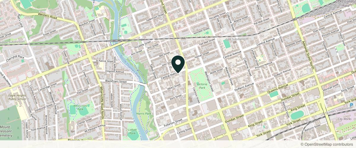 Map showing the exact location of Artistic Esthetic Spa & Hair Wellness at FREE Parking on site, 191 Central Ave, London, ON N6A 1M6, Canada