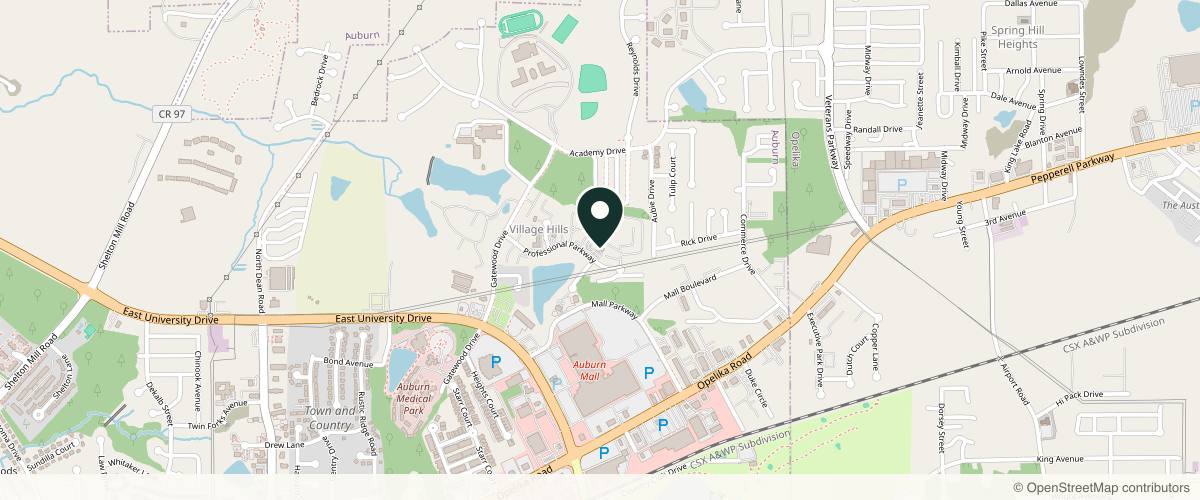 Map showing the exact location of Auburn Dental Spa at 1575 Professional Pkwy, Auburn, AL 36830, USA