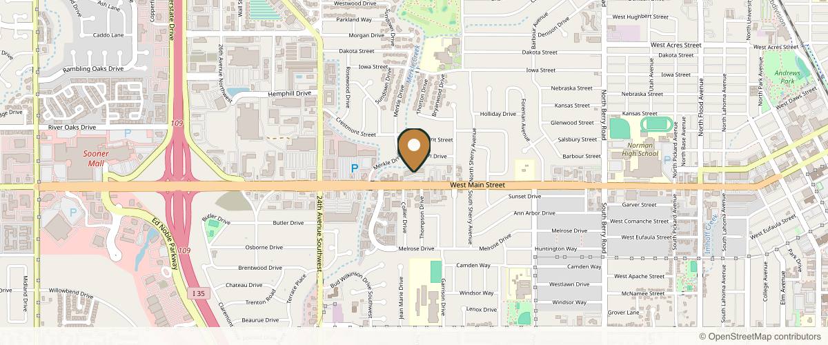 Map showing the exact location of Aura Spa + Beauty Studio at 2001 W Main St #105, Norman, OK 73069, USA
