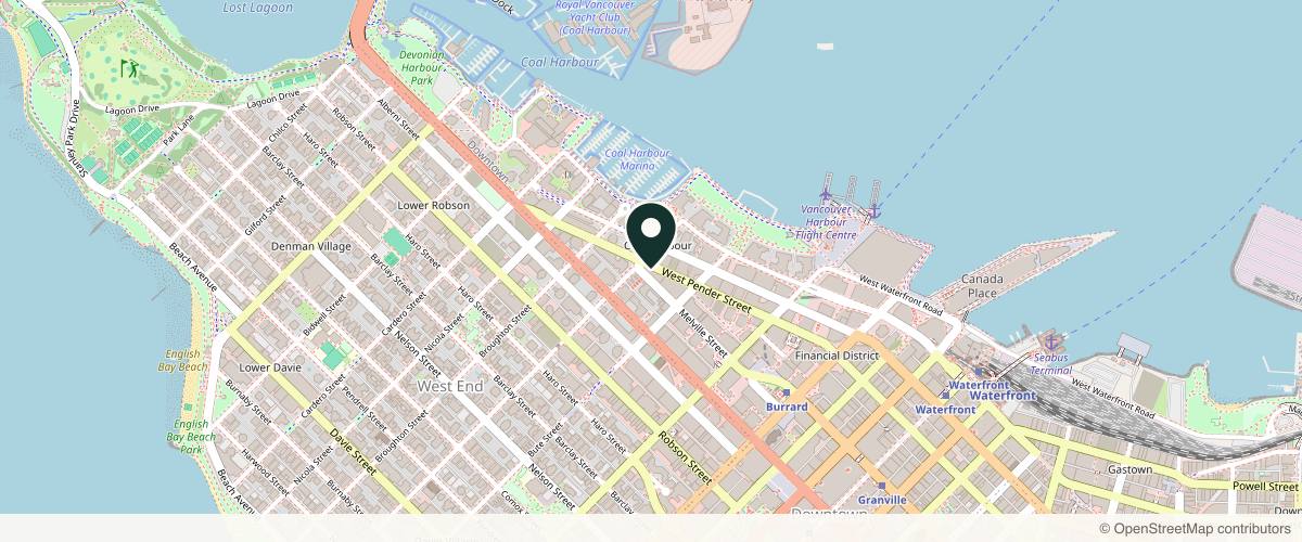 Map showing the exact location of Aurora 80 Aesthetics at 1280 W Pender St, Vancouver, BC V6E 0A5, Canada