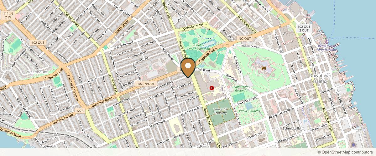 Map showing the exact location of Aurora Medical Aesthetics at 6012 Pepperell St, Halifax, NS B3H 0C3, Canada