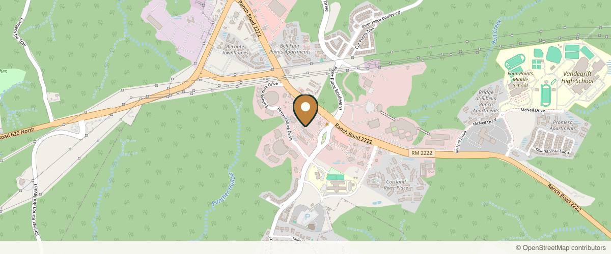 Map showing the exact location of Austin Aesthetic Atelier - Medical Spa + Wellness at 10815 Ranch to Market Rd 2222 Bldg 3C STE 101, Austin, TX 78730, USA