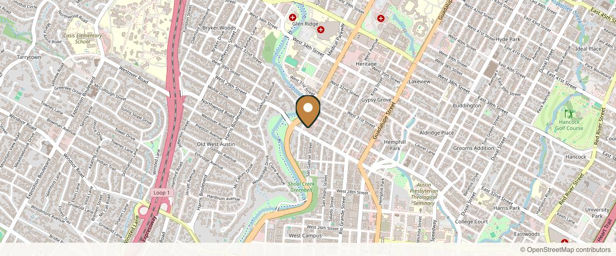 Map showing the exact location of Austin Cosmetic Medspa at 2905 San Gabriel St #203, Austin, TX 78705, USA
