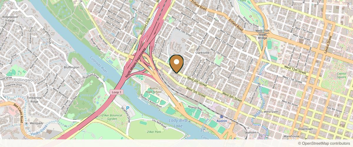 Map showing the exact location of Austin Med Spa at 1611 W 6th St, Austin, TX 78703, USA