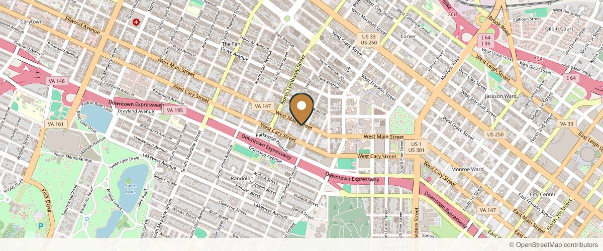 Map showing the exact location of Awaken, A Day Spa at 1409 W Main St, Richmond, VA 23220, USA