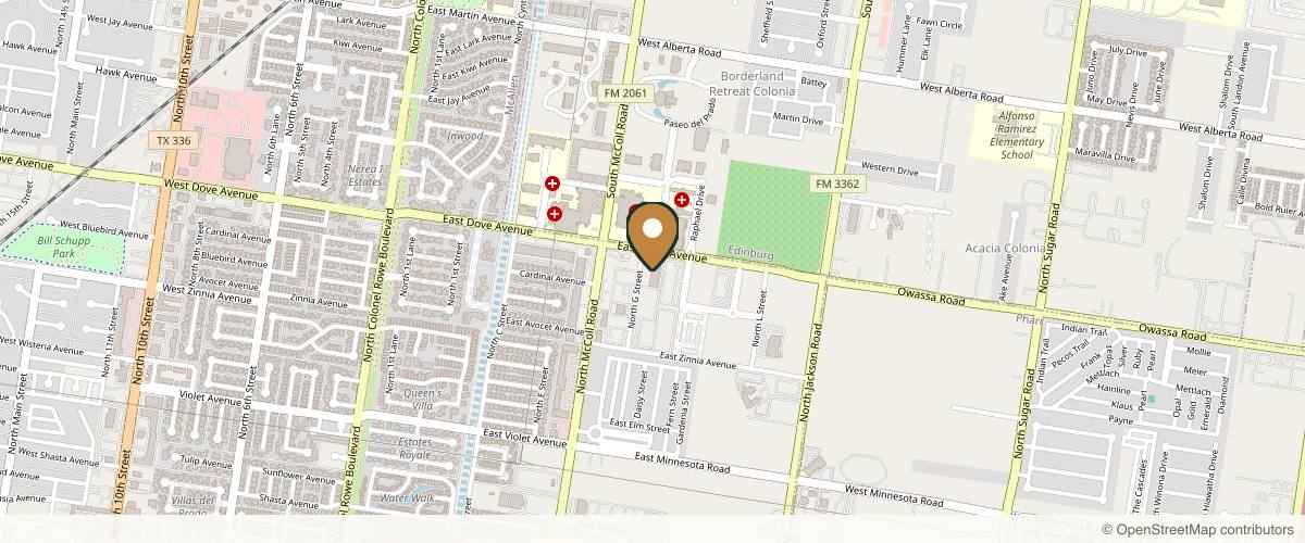 Map showing the exact location of Ayala ENT & Facial Plastic Surgery at 800 E Dove Ave Ste G & F, McAllen, TX 78504, USA