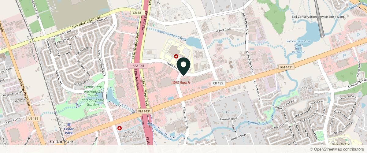 Map showing the exact location of B + A Medical Aesthetics at 1410 Medical Pkwy Ste 2, Cedar Park, TX 78613, USA
